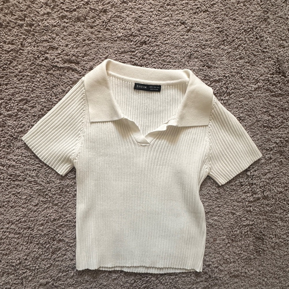 White Collared Ribbed Knit Top